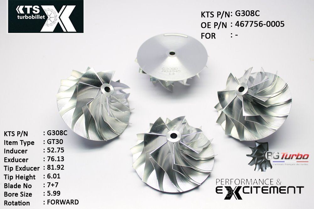 Turbo ROUE FORGÉE MFS PERFORMANCE - 7+7 PALES - INDUCER : 52,75 - EXDUCER : 76,13 - TYPE : GT30ANGLE : 75° - ROTATION : Forward - SUPER BACK : 2,36 - BORE SIZE : 5,99
